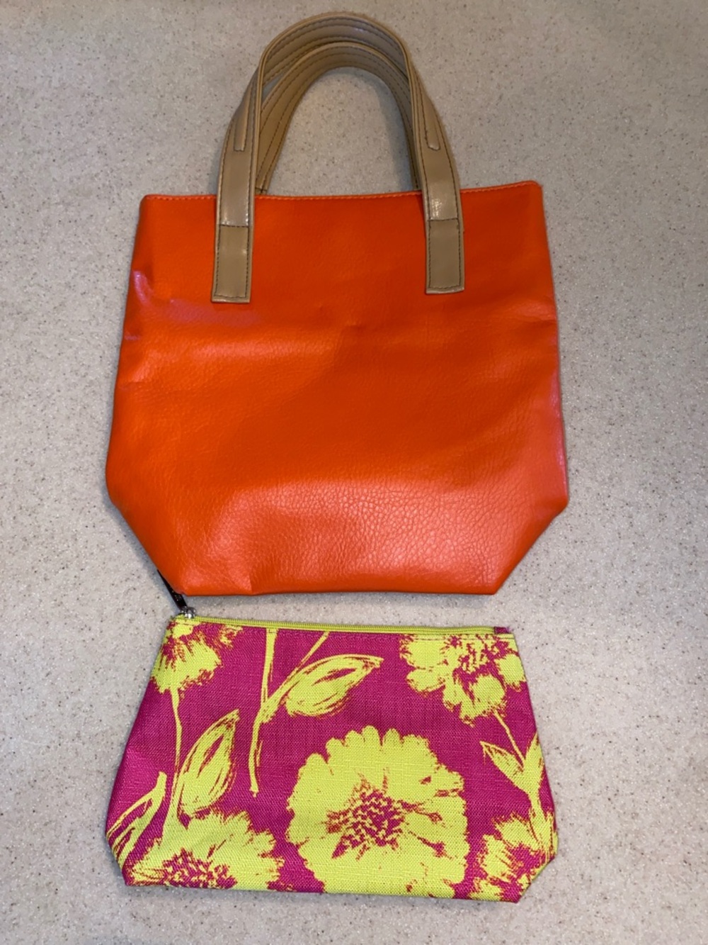 Bright Orange Tote with Tan Handles and Pink Floral Pouch